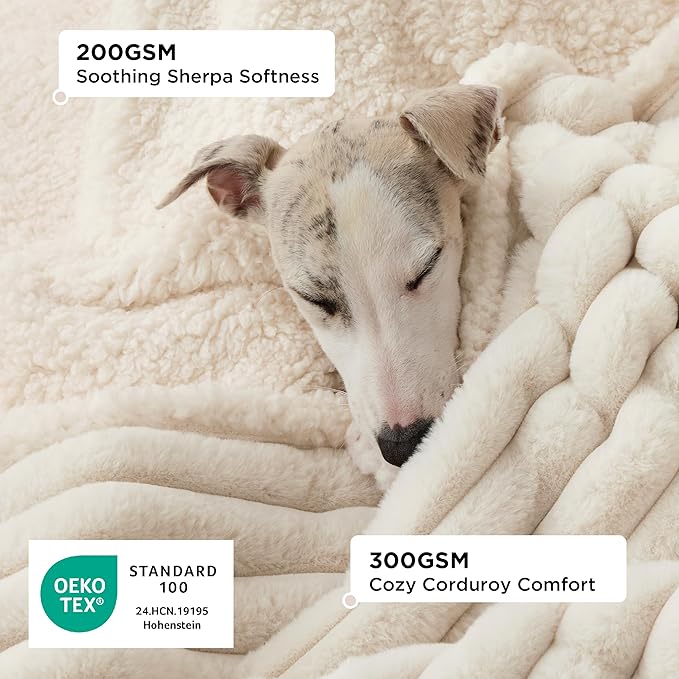 Bedsure ComfyFleece™ Waterproof Dog Blankets for Large Dogs - Soft Pet Cat Blanket Corduroy Fleece for Couch Protector Washable, Cozy Calming Reversible Furniture Protection,40"x50", Cream