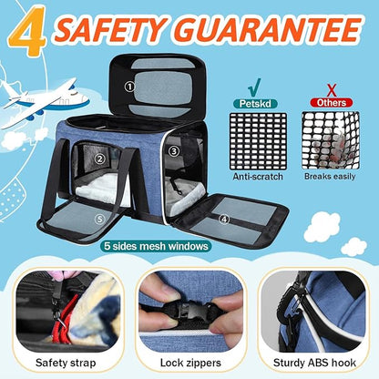 Petskd Top-Expandable Pet Carrier 18x13x9.5 Inches Southwest Airline Approved, Soft-Sided Carrier for Small Cats and Dogs with Locking Safety Zippers and Anti-Scratch Mesh(Blue)