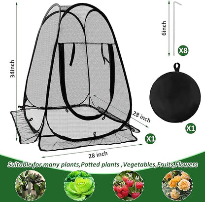 Pop Up Mesh Plant Protectors from Animals,Large Plant Netting Guard Cover with 8 Stake Crop Cage Fine Mesh Plant Tents for Protect Flower Tomato Vegetable from Deer Cat Bird Squirrel, 28x28x34 in