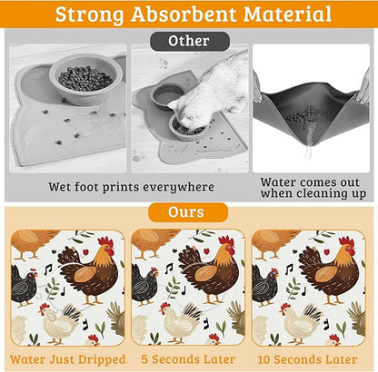Dog Bowl Mat,Chickens Roosters Pet Feeding Mat for Floors Waterproof,Plants Leaf Absorbent Dogs Placemat for Food and Water Quick Dry Pet Cat Feeding Mats with Non Slip Bottom 12" x 20"