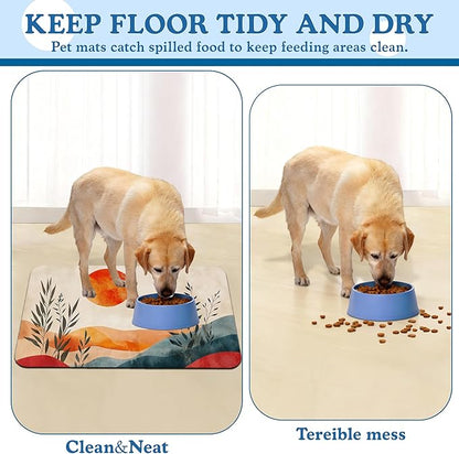 Boho Mountain Sun Pet Food Mat for Cats and Dogs–Christmas Stocking Absorbent Quick Dry Feeding Placemat, Non Slip Rubber Base, Waterproof Bowl Mat for Indoor Use, Pet Supplies 16"x24"