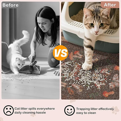 Bienbee Cat Litter Mat, 24" x 15" Litter Box Mat Rug with Non-Slip Bottom,Urine and Water Proof, Easy to Clean Cat Supplies Essentials for Indoor Kitty Kitten Floor, Brown Mushrooms M