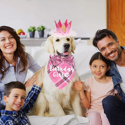 Dog Birthday Party Supplies, Multi Sizes Dog Birthday Bandana Girl Dog Birthday Hat Crown with Birthday Numbers Bow Tie for Large Extra Large Dogs Pets (Pink, X-Large)