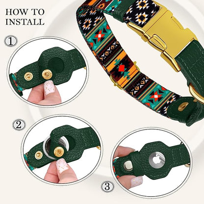 AirTag Dog Collar for Small Medium Large Breed - Adjustable Cute Pattern Dog Collar with Airtag Holder - Soft Leather Tracker GPS Apple Air Tag Pet Collars (X-Small, 9"-12" Neck Fit, Tribal)