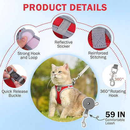 SCENEREAL Cat Harness and Leash Set Escape Proof, Adjustable Soft Air Mesh Kitten Harnesses for Girls Boys Small Medium Big Cats, Reflective Light Travel Pet Walking Vest for Puppy Rabbit, Red M