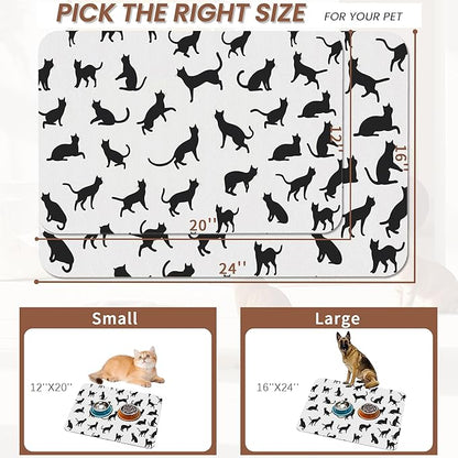 Funny Black Cat Dog Food Mat,Absorbent Pet Feeding Mat with Rubber Backing,Non-Slip Water Bowl Placemat,Indoor Pet Accessories Supplies 16"x24"