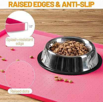 Hubulk Dog Feeding Mat,100% Waterproof Food Grade Silicone Pet Food and Water Bowl Placemat,Dishwasher, High Raised Edge to Prevent Spills,Nonslip Tray to Stop Messes on Floor (32"x24"x1.0", Pink)