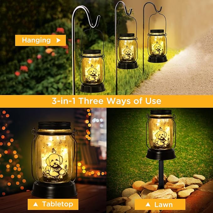 kyoryuger Bichon Dog Gifts for Women/Men Bichon Frise Solar Lanterns Birthday Dog Lovers Lantern Pet Loss Dog Memorial Lights Solar Garden Decoration for Yard, Patio,Backyard,Porch Torches Light