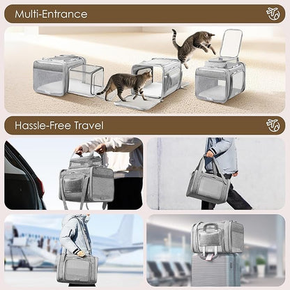 Top and 2 Sides Expandable Pet Carrier 17x11x9.5, TSA Airline Approved Small Dog Carriers for Small Dogs, Soft-Sided Cat Carrier with Self-Locking Zippers for Kitten,Rabbit, Puppy, Guinea Pig Grey