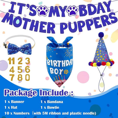 Dog Birthday Decorations, Dog Birthday Hat with Numbers Bandana Bow Tie It’s My Bday Mother Puppers Banner for Small Medium Large Dogs Pets Supplies(Blue)