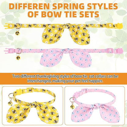 KOOLTAIL Spring Cat Collar Breakaway with Bowtie and Bells, 2 Pack Cute Kitten Collars, Butterfly & Bee Design with Safety Buckle Adjustable for Small Large Cats Boys & Girls