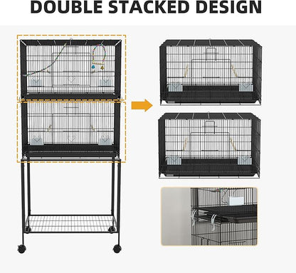 PawHut Double Stackable Bird Cage with Stand, Wooden Swing, Rope Ladder & Wheels for Canaries, Lovebirds Finches, Budgie Cage with Storage Shelf, Removable Tray, Wooden Perches & Food Containers