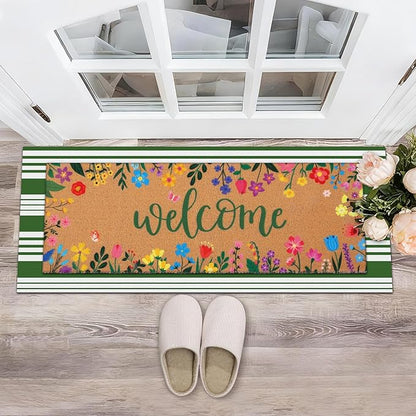 Tinideya 2 Pcs Door Mat Welcome Non Slip Coir Mats Floor Layering Doormats Seasonal for Front Porch Entryway Decor(16.14 x 47.24 Inches,Spring Flowers,Green Brown)