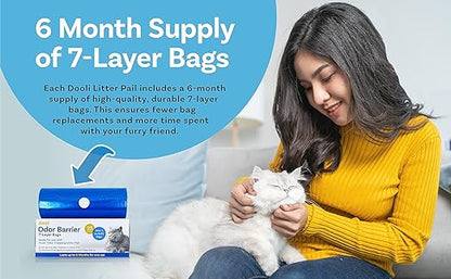 Odor Trapping Litter Pail – Odorless Cat Litter Pail with Lid & 6 Month Supply of Refill Bags and Scooper– One-Finger Tap Lid Opening