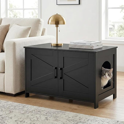 Homhedy Cat Litter Box Enclosure, Wooden Cat Washroom Furniture with Barn Door, Pet House, Fit Most of Litter Box, Black