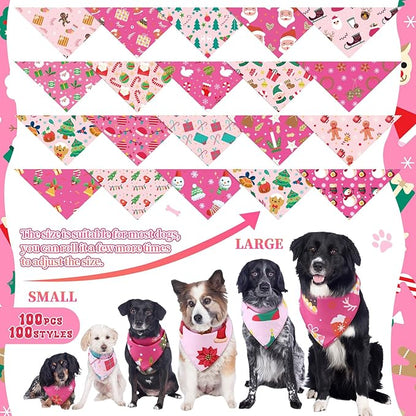 100 Pcs Christmas Dog Bandanas Bulk Pet Bibs Pink Triangle Scarf Pink Pet Bandanas for Medium Large Girls Dogs Christmas Xmas Party Birthday Costume Decor