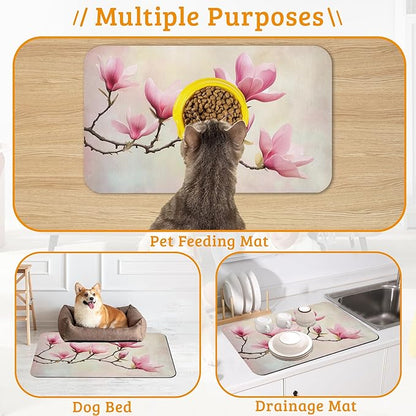 Pink Magnolia Feeding Mat,Vintage Flowers Absorbent Quick-Dry Cat Dog Food and Water Bowl Mats,Non-Slip Rubber Backing Mat,Cat Dog Accessories Supplies 12" x 20"