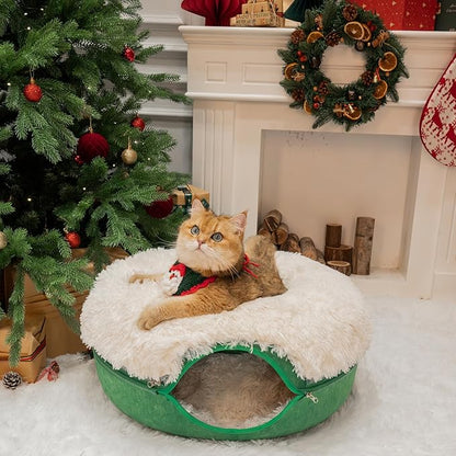 CATTASAURUS Peekaboo Cat Cave for Multiple & Large Cats Up to 30-45 Lbs, Fluffy Cat Beds & Furniture, Scratch Detachable & Washable Tunnel Bed, Comfy Donut Bed (Forest Green, Large (Calming))