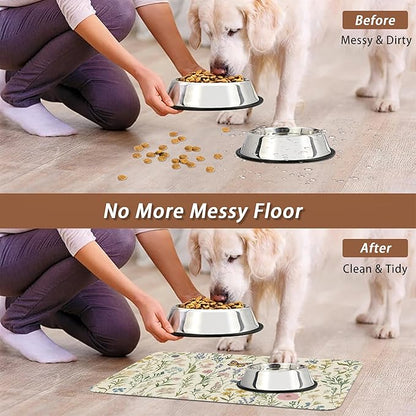 Wildflowers Dog Cat Food Mat,Vintage Botanical Garden Plants Herb Butterfly Absorbent Pet Feeding Mat for Food and Water,Non-Slip Dog Bowl Mats Floor Protector 12"x20"