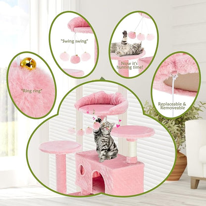 54 Inches Cat Tree Tower Condo, Cat Tower for Indoor Cats, Multi-Level Furniture Activity Center with Wide Base, Cozy Plush Cat Perches, Detachable Toy, Pink