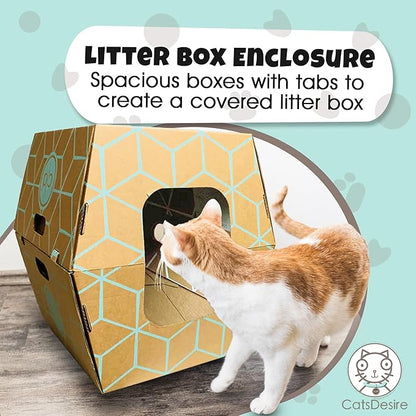 Cats Desire Disposable Litter Box No Plastic Solution (10 Tray) w/ Low Entry & Enclosed Box - Teal on Natural Brown, Made in USA Woman Owned, 19"L x 17"W x 8.5"H tray - 19"L x 17"W x 17"H enclosed box