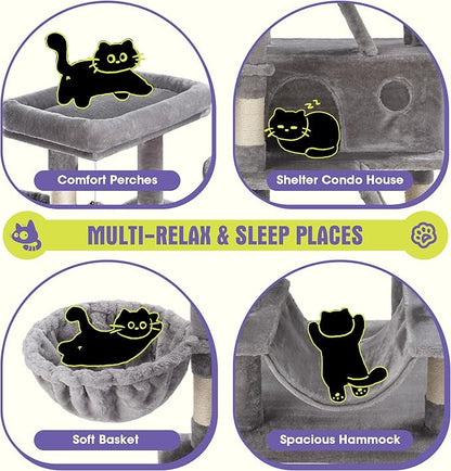 WEEWAY Cat Tree Tower for Indoor Cats,65'' Multi-Level Cat Furniture Activity Center,Stand House Condo Cave,Sisal Scratching Posts Ramps,Plush Perches Platforms Basket Hammock,Grey