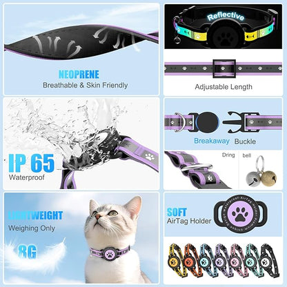 Airtag Cat Collar Breakaway, Reflective Cat Collar with AirTag Holder and Bell, Compatible with Apple Air Tag, Comfortable Padding, Adjustable, Durable (Purple, S)