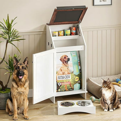 Dog Food Feeding Station with Storage, Pet Food Storage Cabinet with Bowls and Flip-Top Blackboard, Hidden Trash Can, Pet Organizer Cabinet for Dog and Cat, White