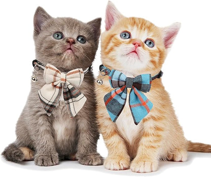 ADOGGYGO Plaid Cat Collars with Removable Bow Tie Bell, 2 Pack Beige Blue Plaid Kitten Bow Collar for Cats Kittens