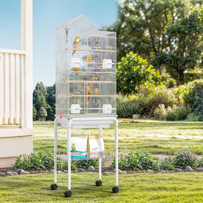 62-inch Metal Bird Cage: Spacious Bird Cage for Cockatiels, Parrots, Pigeons, Lovebirds, Features Roof Access and Rolling Stand, White