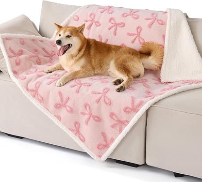 LE SURE Waterproof Puppy Blanket for Large Dogs - Washable Double Sided Dog Blankets with Warm Jacquard Shag and Soft Sherpa Fleece, Pet Cat Blanket for Couch Protection, Bow Design，Pink Taffy