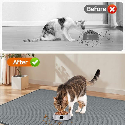 Cat Food Mat, 50" x 35" Extra Large Silicone Pet Feeding Mat with Raised Edge Pet Placemat for Food and Water Bowl Non-Slip, Easy to Clean, Floor Protection (Dark Grey)