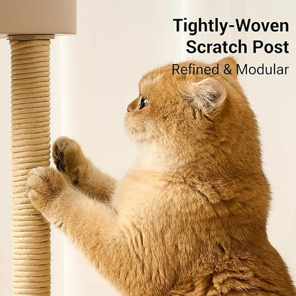 Modern Cat Tree Tower for Indoor Cats up to 12lbs, 34" H Furniture-Style Metal Cat Tower with Scratching Posts, Wood Cat Bed with Soft Plush Cushion Washable, Acrylic Capsule, Cream Beige