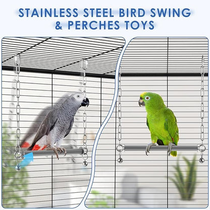 Stainless Steel Large Bird Swing, Hanging Heavy Duty Parrot Swings Perches Stand Toys with Bell, Claw Grinding Birdcage Accessories for Macaw Afican Grey Amazon Cockatoo
