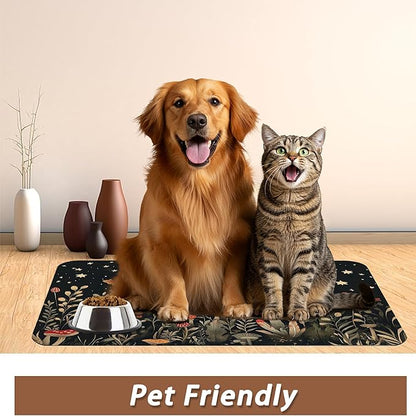 Red Mushrooms Pet Feeding Mat,Wildflower Plant Butterfly Absorbent Quick-Dry Cat Dog Food and Water Bowl Mats,Non-Slip Rubber Backing Mat,Cat Dog Accessories Supplies 12"x20"
