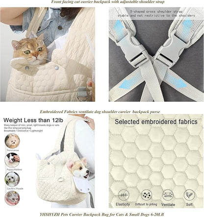 Dog Backpack Carrier for Dogs, Adjustable Strap Cat Carrier Sling, Hands-Free Front Facing Pets Sling Chest, Fit 5-15 Lbs Pets Carrier Backpack for Camping Hiking Traveling Cycling(Light Gray)
