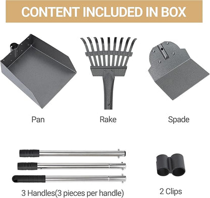 Heeyoo Dog Pooper Scooper, Dog Poop Tray and Rake Set, Pet Waste Removal Scoop with Long Adjustable Sectional Stainless Handles