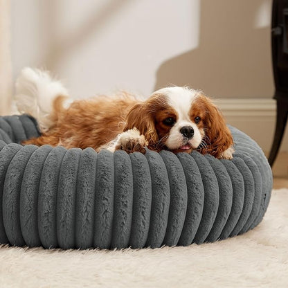 Bedsure ComfyFleece™ Donut Medium Dog Bed - Washable Faux Fur with Corduroy Fleece & Anti Slip Bottom, Round Pet Bed with Removable Cover, Warm Grey, 30x30x8 inches