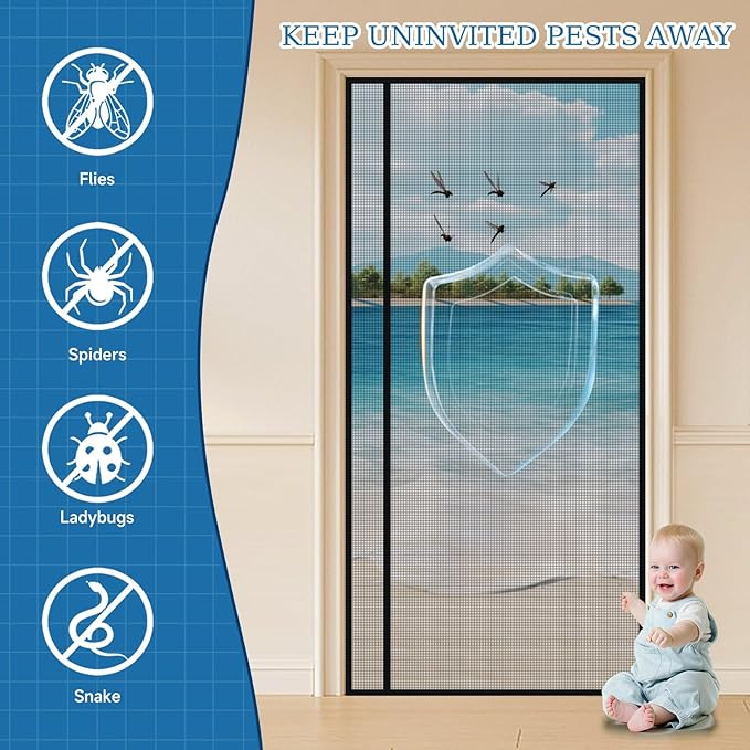 Magnetic Screen Door Mesh Left Right Side Opening Upgraded PET Material Mesh Stronger Than Fiberglass and Polyester,Keep Bugs Out,Pet & Kid Friendly Fit Door Size 96"X80",Screen Size 98''X82''