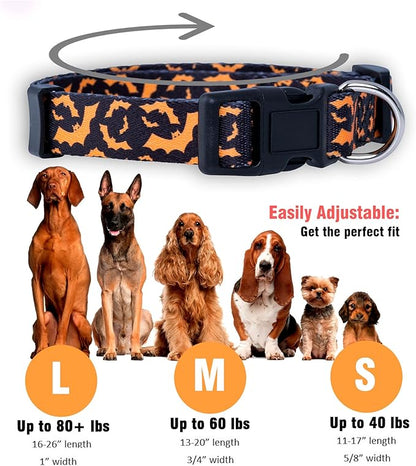 Native Pup Halloween Dog Collar- Spooky Fall Themed Horror Costume Collars- Skull, Pumpkin, Ghost, Bat, Witch, Candy Corn, Spider- Adjustable for Small, Medium, Large Breeds (Medium, Orange Bats)