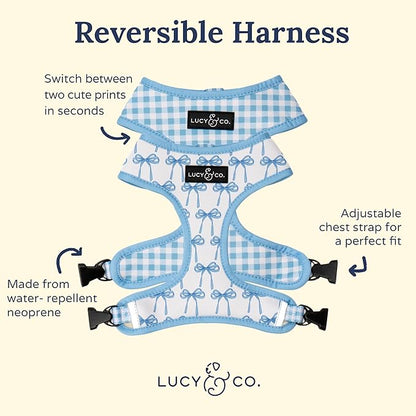 Lucy & Co. Cute Reversible Dog Harness Walking Halter - Best Designer Pet Harnesses for XS - XL Dogs - Padded Adjustable Vest for Easy Walking - Small - White with Blue Bows