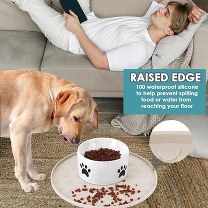 Pet Feeding Mat, Waterproof, Raised Edges to Prevent Spills, Easy Clean in Dishwasher, Dogs and Cats Placemat Tray to Stop Food and Water Bowl Messes on Floor(1Pack Beige)