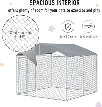 PawHut Outdoor Dog Kennel, Heavy Duty Dog Run Outdoor Fence with Waterproof Cover, Galvanized Chain Link, Secure Lock, 9.8' x 9.8' x 7.7'