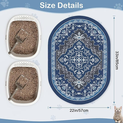 Bienbee Cat Litter Mat, 33" x 22" Large Size Litter Box Mat Rug with Non-Slip Bottom,Urine and Water Proof, Easy to Clean Cat Supplies Essentials for Indoor Kitty Kitten Floor,Navy Geometric L