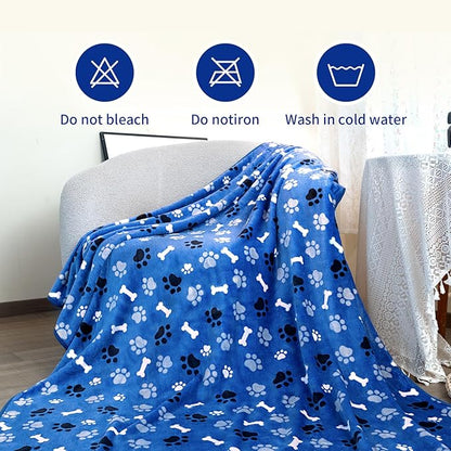Dog Blanket Paw Bone Pattern 1 Pack 1 Super Soft Warm Flannel Sofa Cover Car Bed Protector, Urine Proof Washable Outdoor Pet Blanket for Puppy Large Dogs & Cats,80"*60" Blue