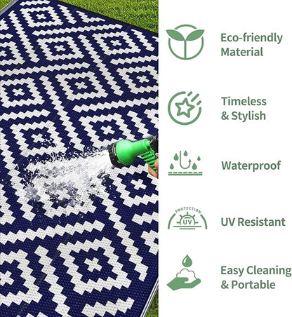 GENIMO Outdoor Rug for Patio Clearance,9'x12' Waterproof Large Mat,Reversible Plastic Camping Rugs,Rv,Porch,Deck,Camper,Balcony,Backyard (Navy Blue & White)