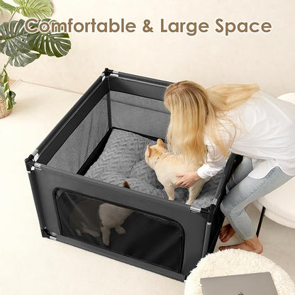EHEYCIGA 42x42x26 Inches Puppy Playpen Without Top Cover for Dogs & Cats Indoor or Outdoor - Dog Playpen with Door, Dog Fence for Small Animal with Heavy-Duty Oxford & Steel Frame, Dark Grey