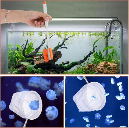 2 Pcs Small Fish Tank Cleaner Brush with Fishing Net Algae Scraper Fish Tank Brush Scrubber Sponge Tool Long Handle for Cleaning Glass Acrylic Aquariums Home Kitchen