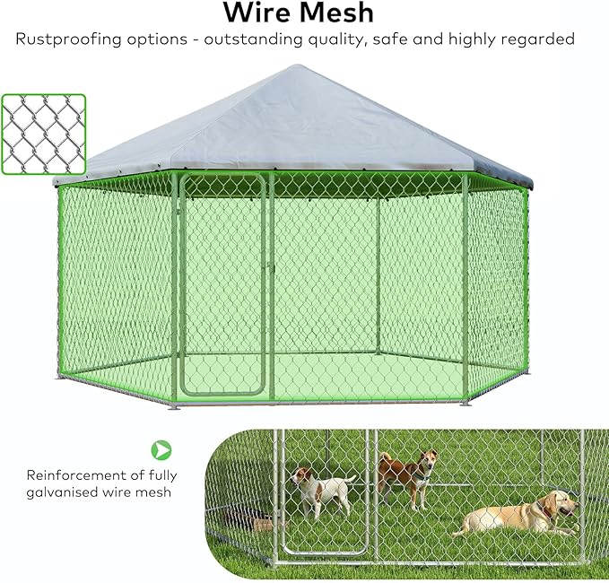 6.8x6.8 FT Outdoor Dog Kennel Outside Heavy Duty Dog Enclosure with Waterproof Cover and Security Lock, Galvanized Wire Mesh Hexagonal Large Dog Kennel(81x81x95.3IN)