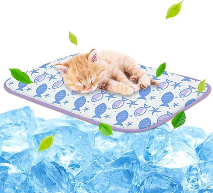 NWK Pack of 4 Pet Cooling Mat - Ice Silk Cooling Mat for Dogs & Cats Portable & Washable Pet Cooling Blanket, Car Seats, Beds for Summer (4pcs, Purple Fish, 20’’ X 16’’ X 0.3)